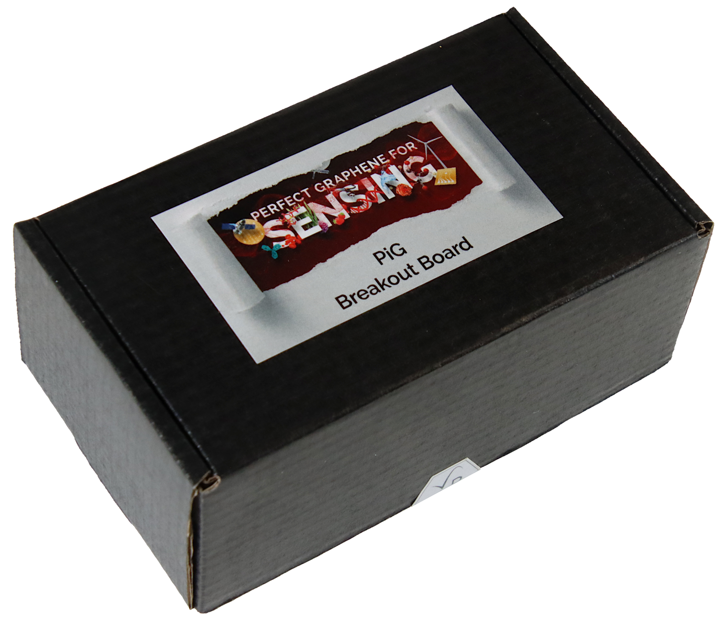 Black packaging for the PiG with the text " Perfect graphene for sensing", "PiG Breakout Board" - Closed"