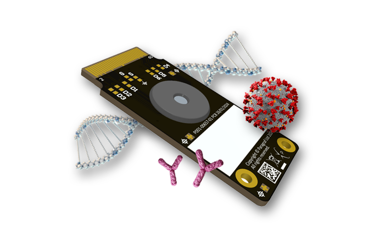 Render of Paragraf GFET surrounded by graphics of DNA and Proteins