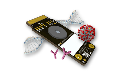 Render of Paragraf GFET surrounded by graphics of DNA and Proteins