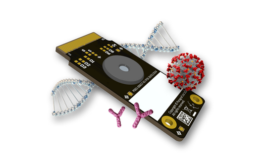 Render of Paragraf GFET surrounded by graphics of DNA and Proteins