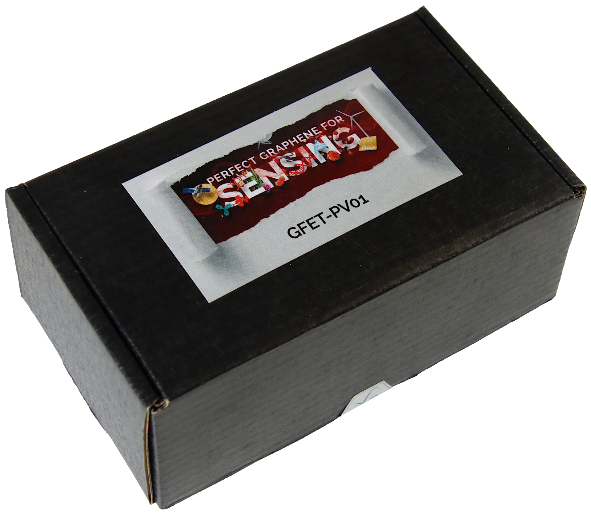 Black packaging for the GFET with the text " Perfect graphene for sensing", "GFET-PV01" - Closed"