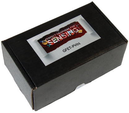 Black packaging for the GFET with the text " Perfect graphene for sensing", "GFET-PV01" - Closed"