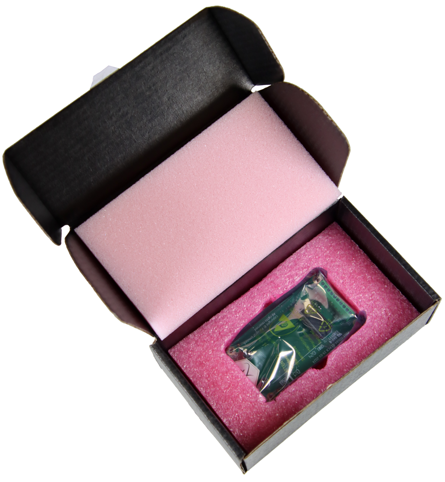 Black packaging for the PiG open showing the product in an ESD bag surrounded by pink foam